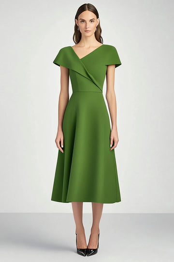 Green A Line Cap Sleeve Satin Long Work Dress
